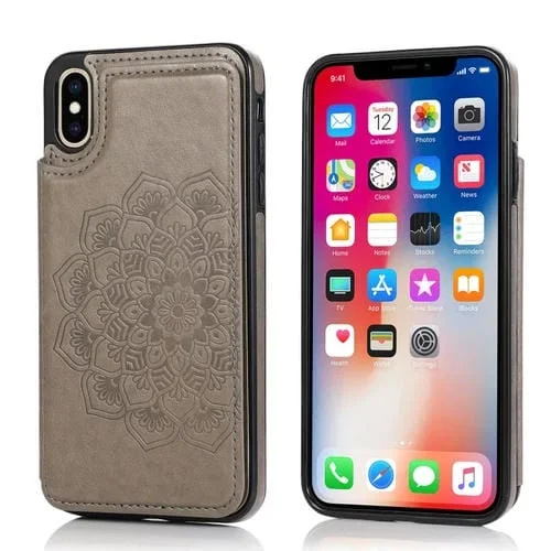 Estuche Protector iPhone Xr Doble Hebilla PU TPU Ranuras Tarjetas Soporte Marco Fotos (Gris)