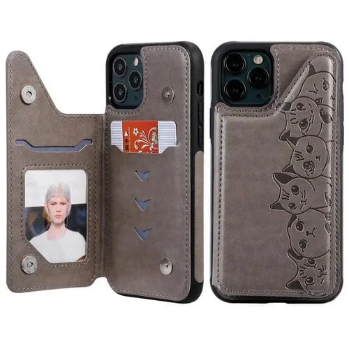 Estuche protector para iPhone 11 Pro Six Cats con patrón en relieve soporte ranuras para tarjetas y marco de fotos (Gris)
