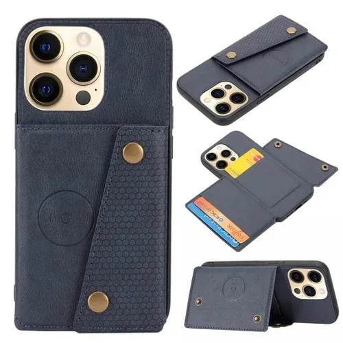Estuche protector para iPhone 13 Pro Doble Hebilla PU + TPU Magnético con Ranura para Tarjeta y Soporte (Azul)