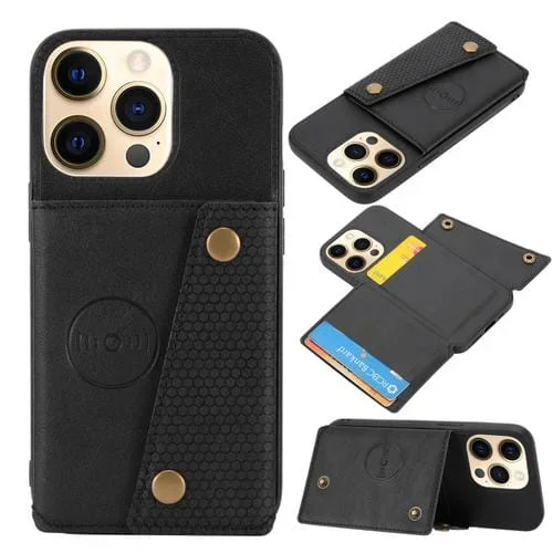 Estuche protector para iPhone 13 Pro Doble Hebilla PU + TPU Magnético con Ranura para Tarjeta y Soporte (Negro)