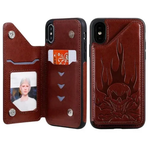 Estuche Protector para iPhone X / Xs Patrón Cabeza de Calavera a Prueba de Golpes con Soporte y Ranuras para Tarjetas y Billetera (Marrón)