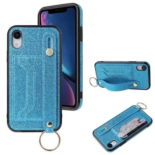 Estuche protector para iPhone Xs Max Glitter Powder PU + TPU a prueba de golpes con soporte, ranuras para tarjetas y correa para la muñeca (Azul)