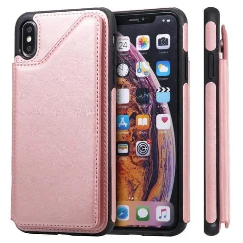 Estuche Protector para iPhone Xs Max Textura de Pantorrilla a Prueba de Golpes con Soporte y Ranuras para Tarjetas (Oro Rosa)