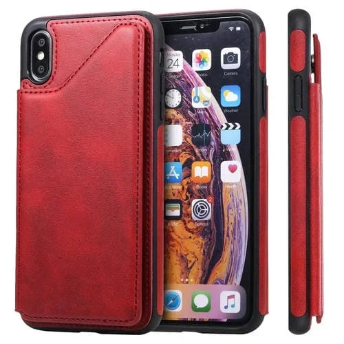 Estuche Protector para iPhone Xs Max Textura de Pantorrilla a Prueba de Golpes con Soporte y Ranuras para Tarjetas (Rojo)