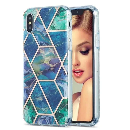 Estuche Protector TPU para iPhone X Xs Patrón Mármol Galvanizado 3D (Verde Oscuro)
