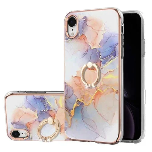 Estuche TPU para iPhone Xr Patrón Galvanoplastia Imd a Prueba de Golpes con Soporte Anillo Diamantes (Mármol Blanco)