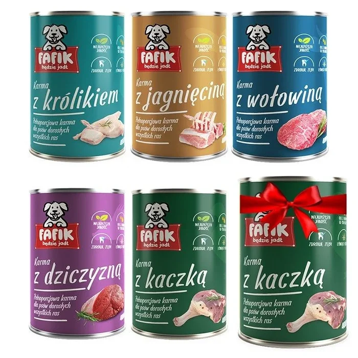 Fafik mix 2x duck, venison, lamb, rabbit, beef – comida húmeda para perros – 6×400 g