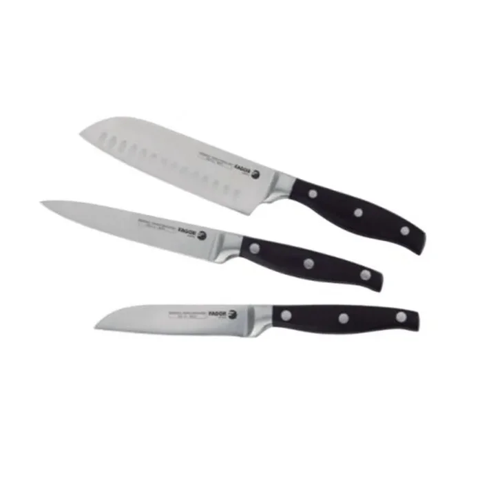 FAGOR Future – Juego de 3 Cuchillos de Acero Inoxidable, Santoku 18 cm + Universal 12,5 cm + Pelador 9 cm, Máxima Precisión, Mango Ergonomico