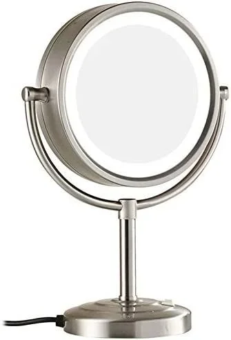 FCS Bathroom – Espejo de aumento con luz LED 10x, espejo de maquillaje de mesa con cable, espejo para maquillaje LED giratorio 360°, 21,5 cm (color: níquel cepillado), Níquel cepillado, Talla única,