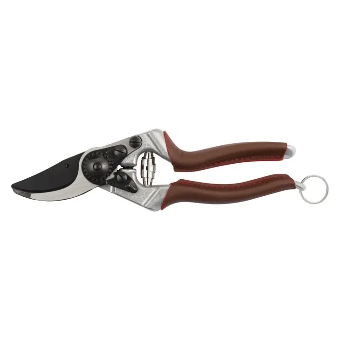 FELCO 8 ELITE tijera ergonómica para diestros mano grande, mangos cuero, hoja F-Tech negra, corte 25 mm, 210 mm, herramienta profesional suiza