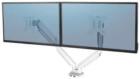 Fellowes Brazo para Monitor Doble Platinum Series – Soporte para monitor ajustable, con funciones de inclinación, giro y rotación y con 2 puertos USB – Tamaño máximo del monitor 32″ – Blanco