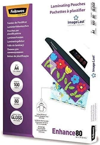 Fellowes Fundas de Plastificar A4, acabado brillo, 100 hojas, 160 micras (2 x 80 micras), acabado de calidad, con indicadores direccionales Image Last, adecuadas para fotos y avisos