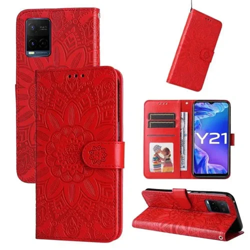 For Vivo Y21 2021 / Y21S / Y33S Embossed Sunflower Leather Phone Case(Red)