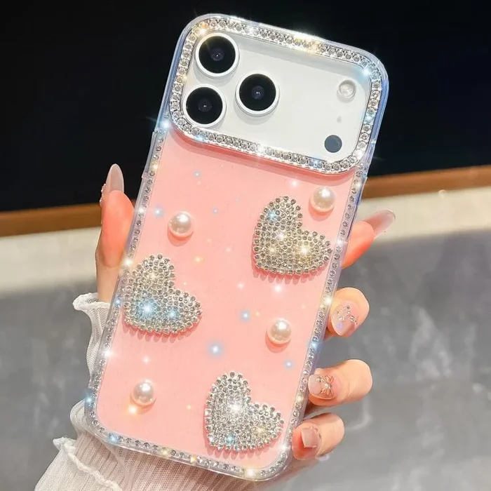 Funda a prueba de golpes con diseño de corazón de perla y brillo de diamante para iPhone 17 Pro Max (rosa claro)