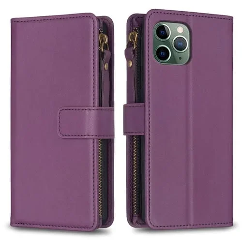 Funda Cartera para iPhone 11 Pro 9 Ranuras para Tarjetas Cremallera Cuero con Tapa (Morado Oscuro)