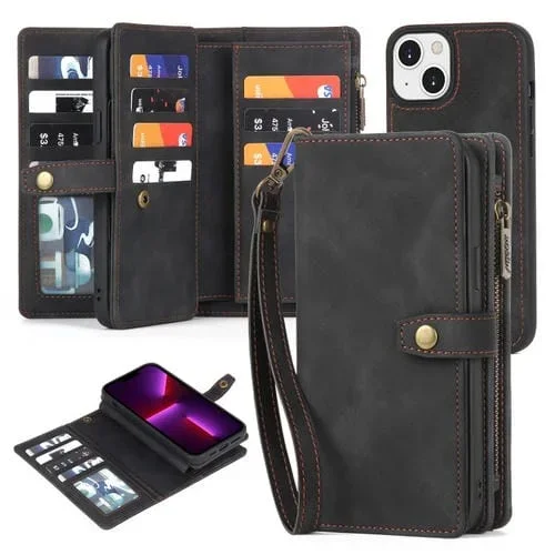 Funda Cartera para iPhone 13 con Cremallera Desmontable Magsafe Cuero (Negro)