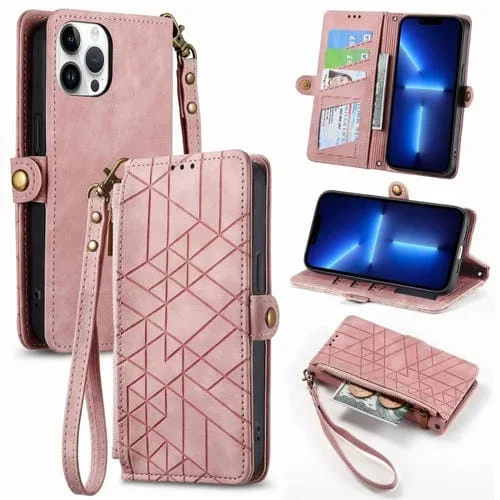 Funda Cartera para iPhone 13 Pro con Cremallera Geométrica y Hebilla Lateral de Cuero (Rosa)