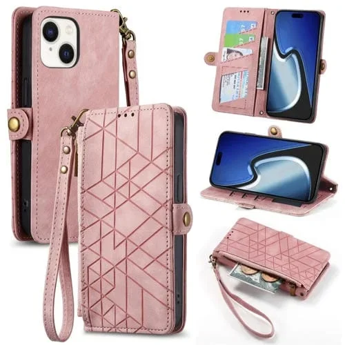 Funda Cartera para iPhone 15 Plus con Cremallera Geométrica y Hebilla Lateral de Cuero (Rosa)