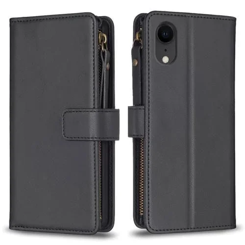 Funda Cartera para iPhone Xr con 9 Ranuras para Tarjetas Cremallera Cuero con Tapa (Negro)