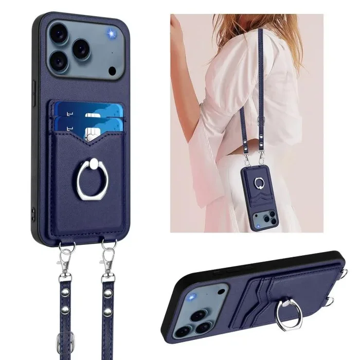 Funda con anilla para tarjetas y correa cruzada para iPhone 17 Pro Max R20 (azul)