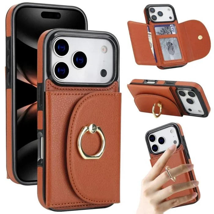 Funda con tarjetero y anillo para iPhone 17 Pro Max, con tacto de piel (marrón)