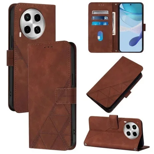 Funda Crossbody de Cuero para Tecno Camon 30 4G y 5G con Tapa en Relieve 3D (Marrón)