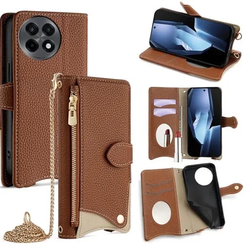 Funda Cuero Lichi OnePlus Ace 5 Ace 5 Pro Diseño Cola de Pez Cadena Cruzada (Marrón)