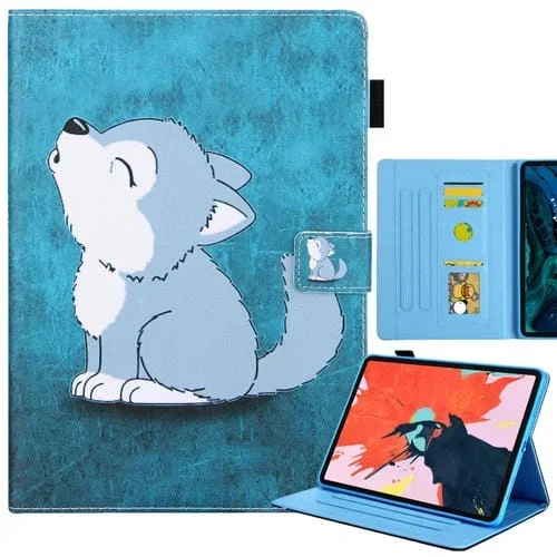 Funda Cuero para iPad 2025/2022 Lobo Lindo Dibujo Colorido