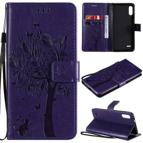 Funda Cuero PU para LG K22 y K22 Plus con Soporte, Ranuras y Cordón (Púrpura)