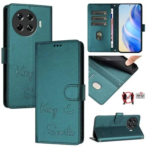 Funda Cuero Rfid con Relieve Sonriente para Tecno Spark 20 Pro+ (Verde Pavo Real)