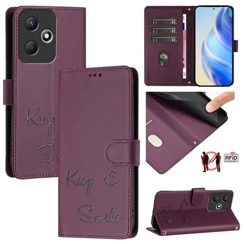 Funda Cuero Rfid con Relieve Sonrisa Nfc para Infinix Hot 30 Play (Violeta)