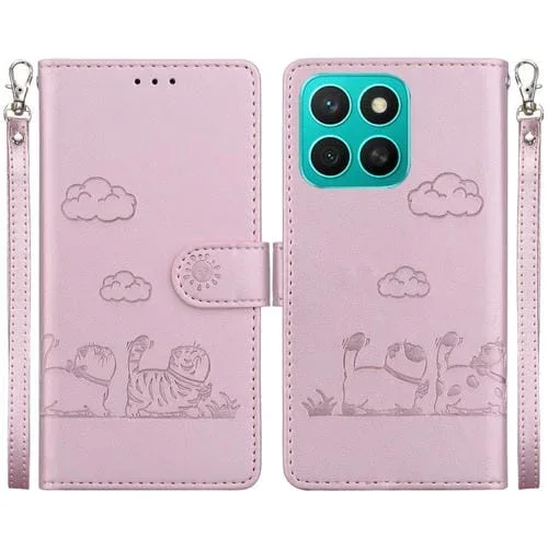 Funda Cuero Rfid Honor X8C 4G Diseño Gatos (Oro Rosa)
