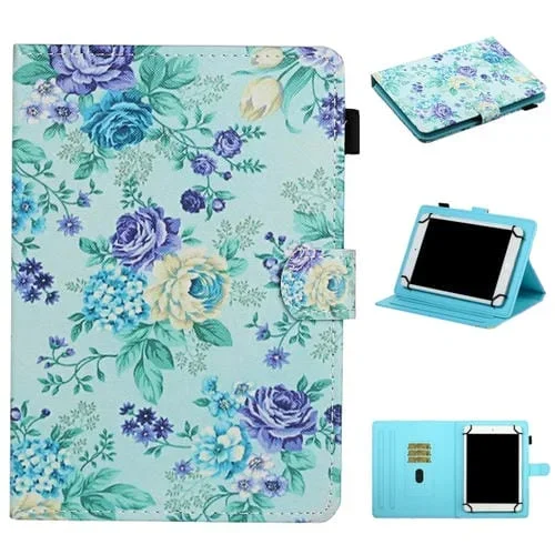Funda Cuero Universal para Tablet PC 8 Pulgadas con Tapa Horizontal, Ranuras para Tarjetas y Soporte (Flor Morada)