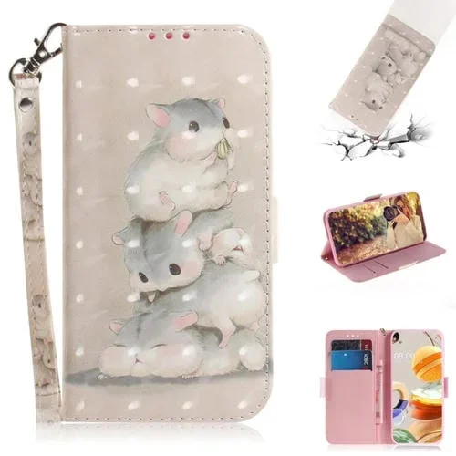 Funda de Cuero Abatible Horizontal para LG K61 con Dibujo 3D, Soporte, Ranuras y Cordón (Ardillas)