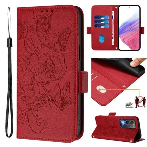 Funda de Cuero Antirrobo con Rfid para Teléfono Oppo A80 5G Eu con Relieve En Rosa (Rojo)