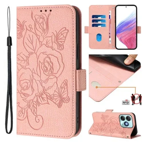 Funda de Cuero Antirrobo con RFID para ZTE Blade A75 4G con Relieve (Rosa)
