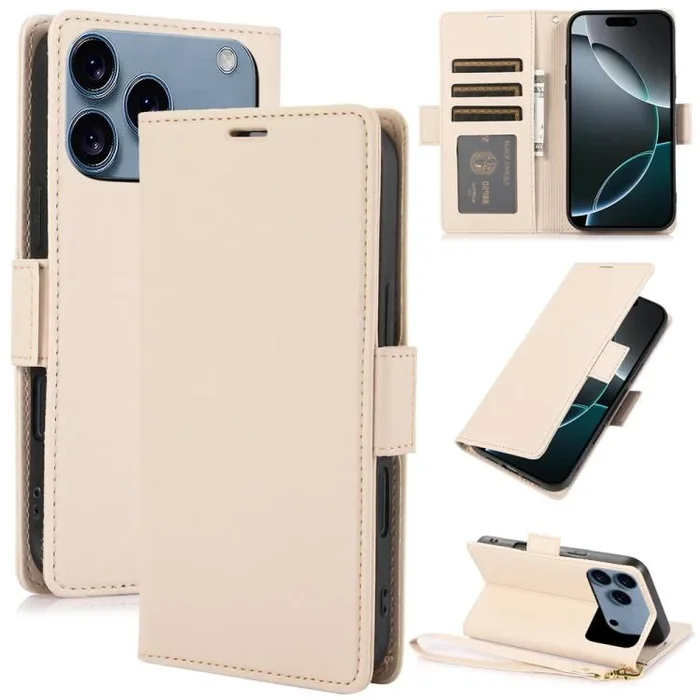 Funda de cuero antirrobo RFID con hebilla lateral para iPhone 17 Pro Max (albaricoque)