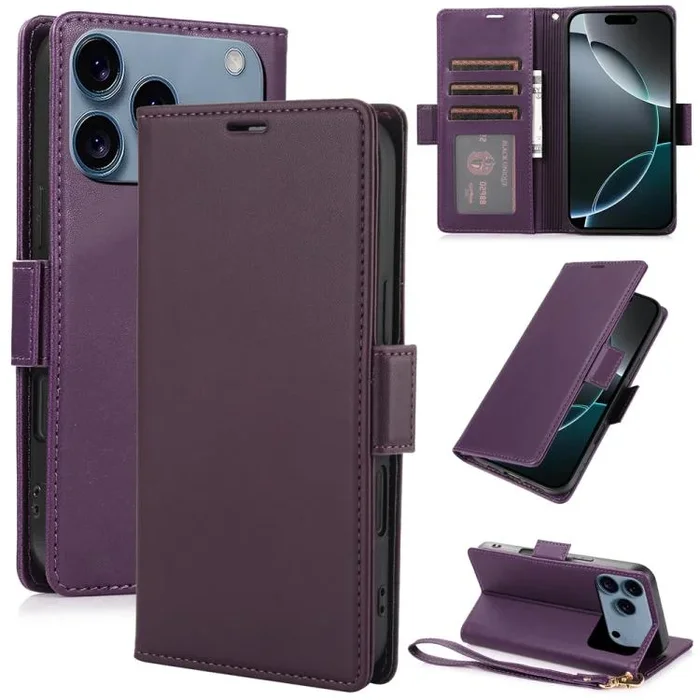 Funda de cuero antirrobo RFID con hebilla lateral para iPhone 17 Pro (morado oscuro)