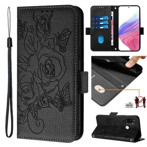Funda de Cuero Antirrobo Rfid con Relieve En Rosa para Oppo A11S 4G (Negra)