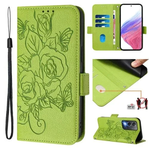 Funda de Cuero Antirrobo Rfid con Relieve En Rosa para Oppo A3 Pro 5G (Verde)