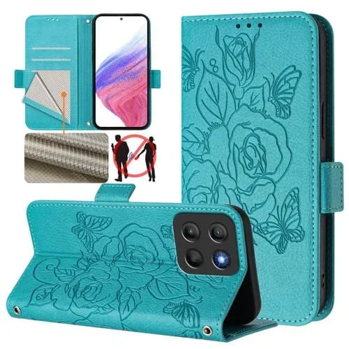 Funda de Cuero Antirrobo RFID con Relieve para Motorola Moto G15 (Azul Claro)