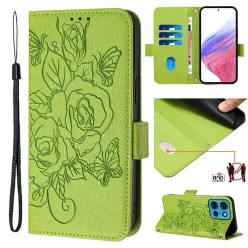 Funda de Cuero Antirrobo RFID con Relieve para Motorola Moto G75 (Verde)