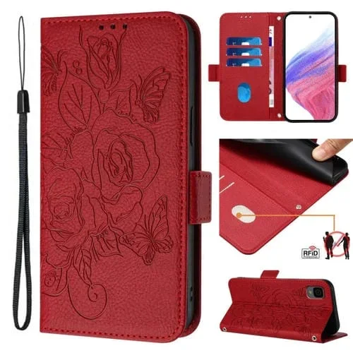 Funda de Cuero Antirrobo RFID con Relieve para TCL 30Z T602Dl (Rojo)