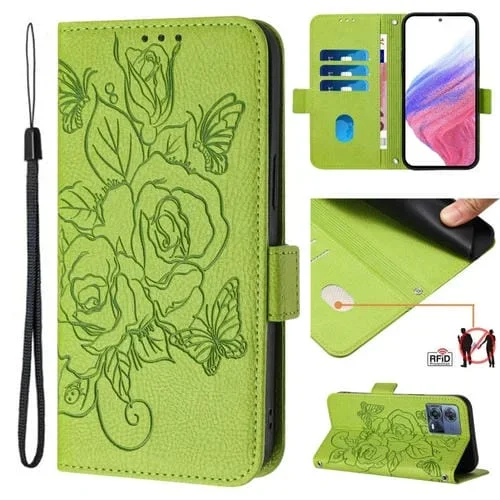 Funda de Cuero Antirrobo RFID con Relieve Rosa para Motorola Moto S30 Pro 5G (Verde)