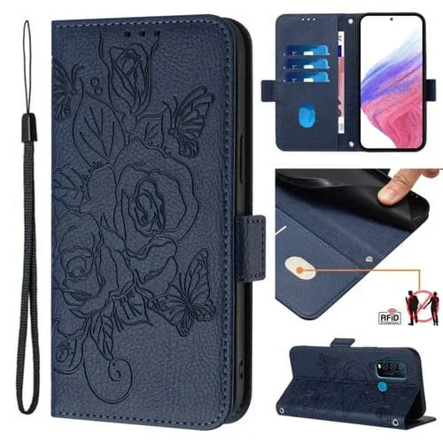 Funda de Cuero Antirrobo Rfid con Relieve Rosa para Vivo Y30 4G (Azul Oscuro)
