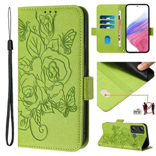 Funda de Cuero Antirrobo RFID para Infinix Hot 20I con Rosa en Relieve (Verde)