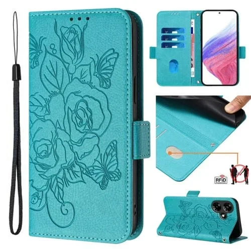 Funda de Cuero Antirrobo RFID para Infinix Hot 30 4G con Relieve (Azul Claro)