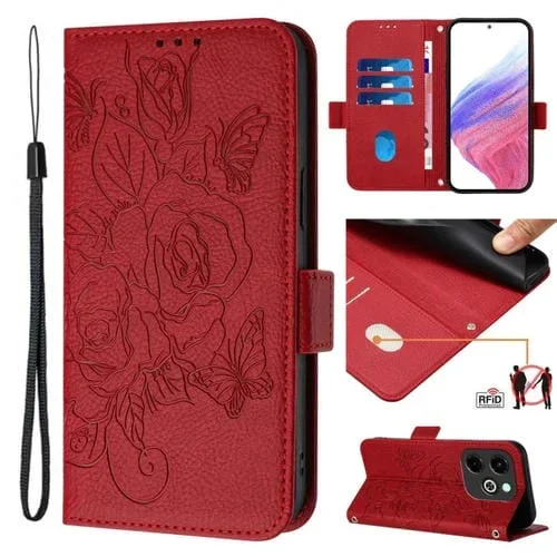 Funda de Cuero Antirrobo RFID para Infinix Hot 40I con Rosa en Relieve (Rojo)