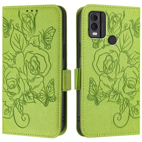 Funda de Cuero Antirrobo RFID para Nokia C22 con Relieve (Verde)