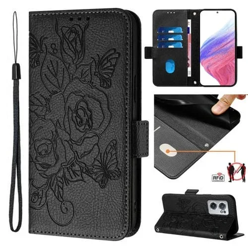 Funda de Cuero Antirrobo RFID para OnePlus Nord Ce 2 5G con Relieve Rosa (Negro)